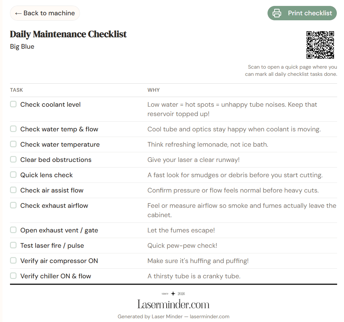 Daily checklist showing maintenance tasks